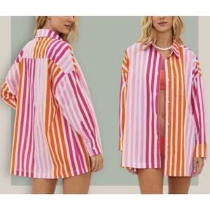 Beach Riot Alexa Women's Coverup Striped Long Sleeve Button Down Size Pl Plus